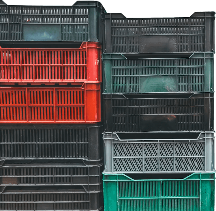 Colorful reusable plastic dunnage on a transparent background