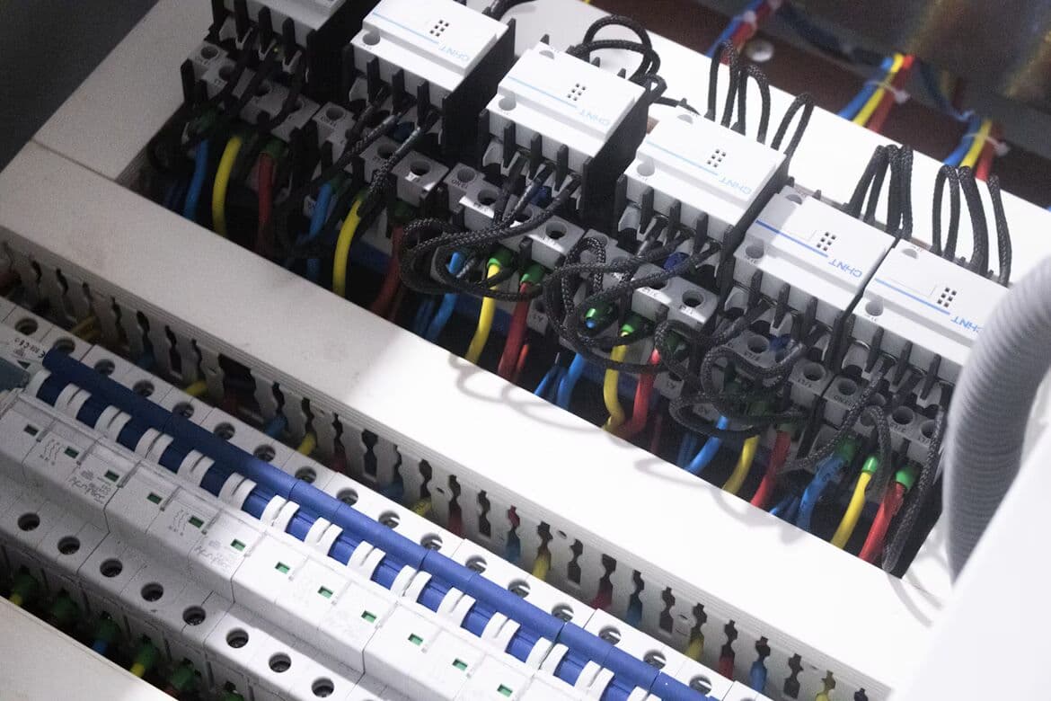 Electrical components inside an industrial control panel