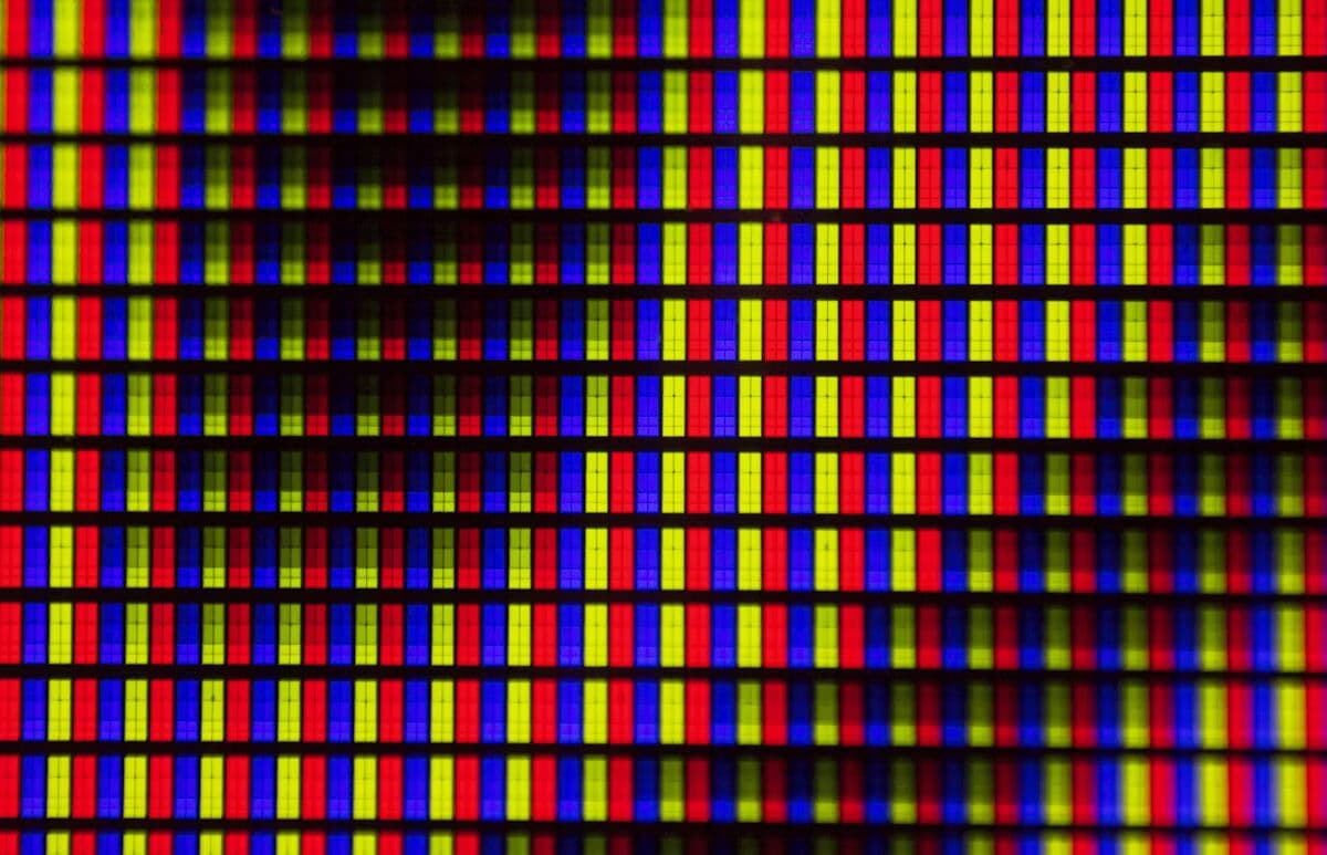Magnified red, green, and blue display pixels