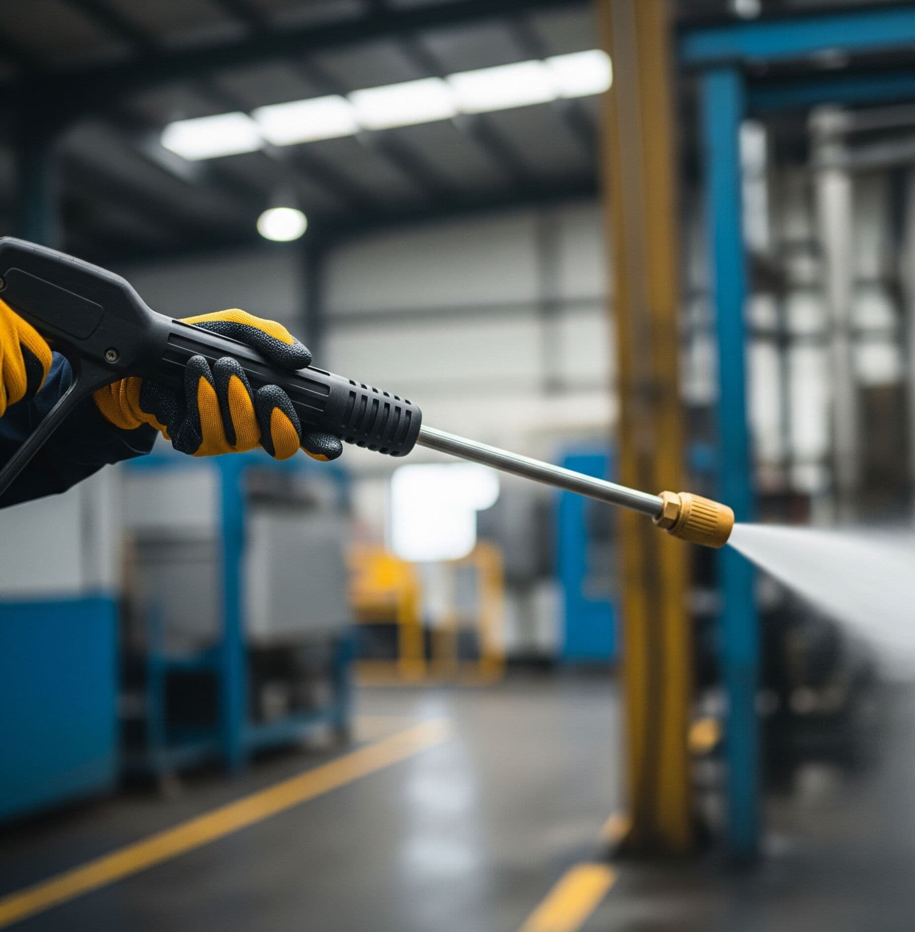 Industrial component being cleaned with a pressure washer