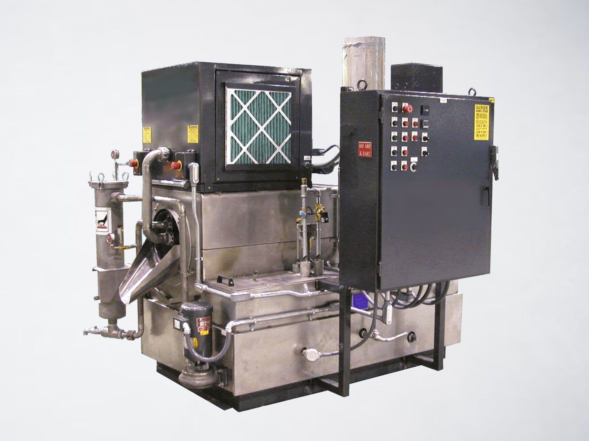 Rotary drum industrial washing system on a neutral background