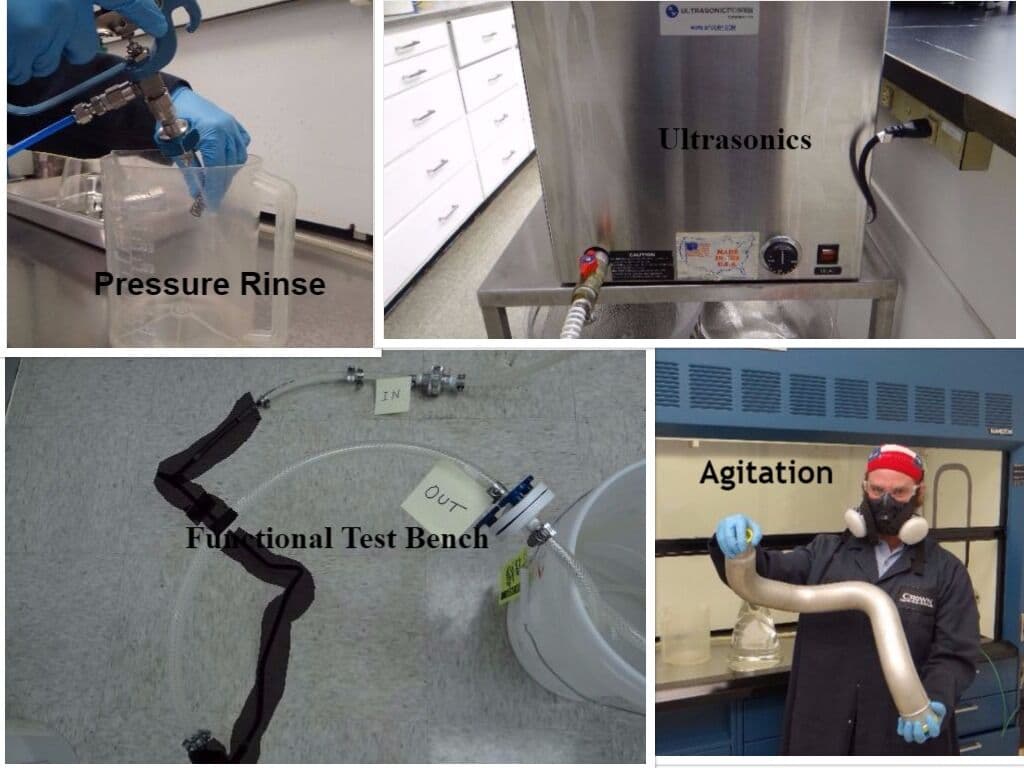 Collage of pressure rinse, ultrasonic, agitation, and test bench extraction methods